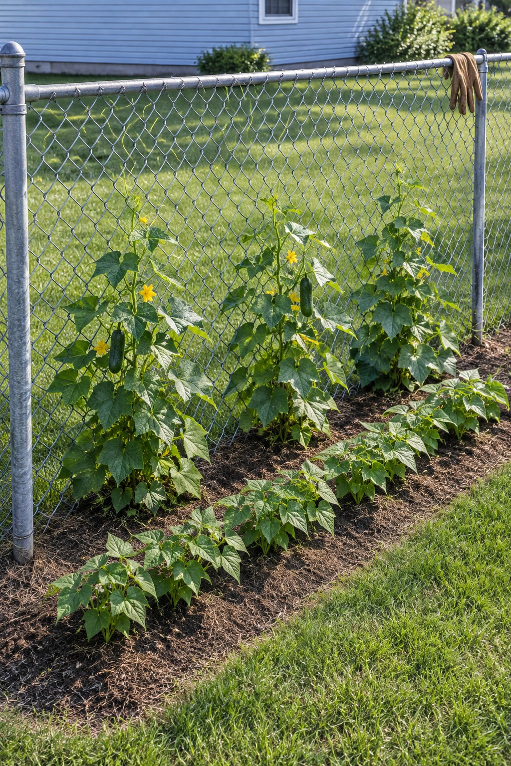 Small backyard vegetable garden, a narrow in-ground bed along a chain-link fence with cucumber vines climbing the mesh and a row of bush beans in front