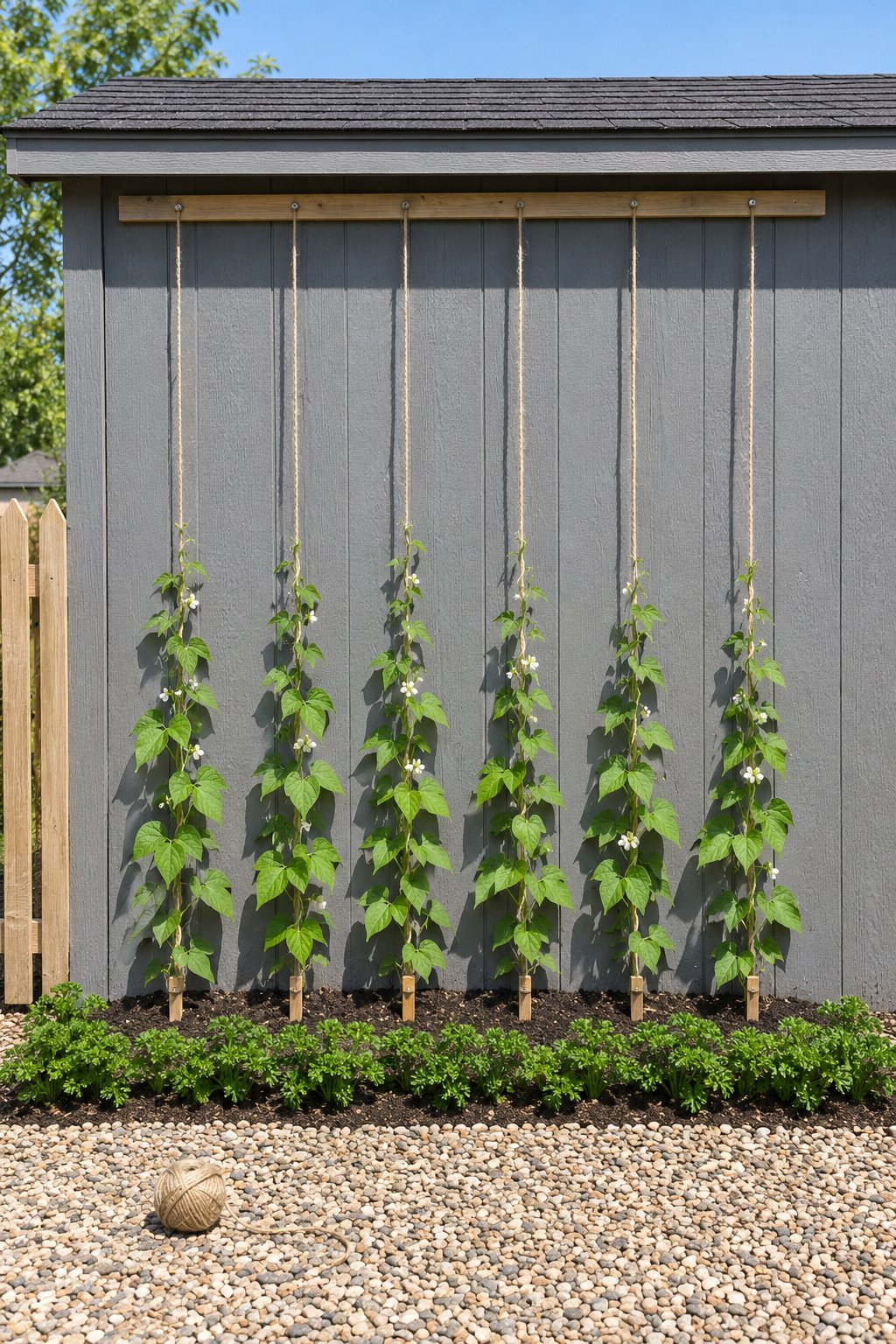 DIY vegetable garden, pole beans climbing strings from a batten under a shed eave down to a narrow bed, with parsley along the front edge