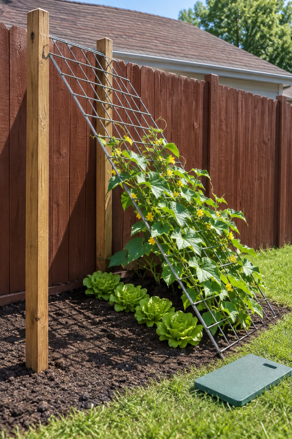 Vegetable garden ideas, a wire panel leaning on two stakes in a narrow bed with cucumber vines climbing it and lettuce growing in the shade underneath
