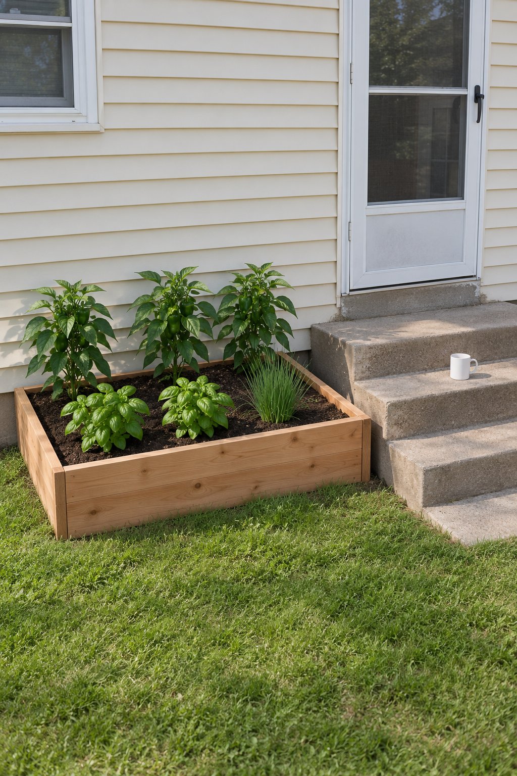 Small vegetable garden ideas, one small wooden raised bed beside the back steps of a house with pepper plants, basil and chives