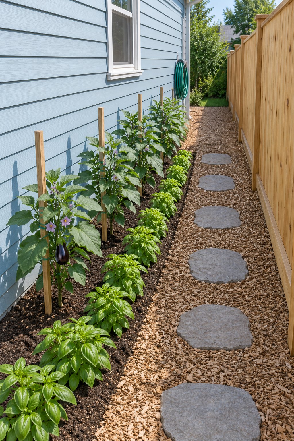 Small vegetable garden design for a side yard, a narrow bed of eggplant and basil along a sunny house wall with a stepping-stone path beside it