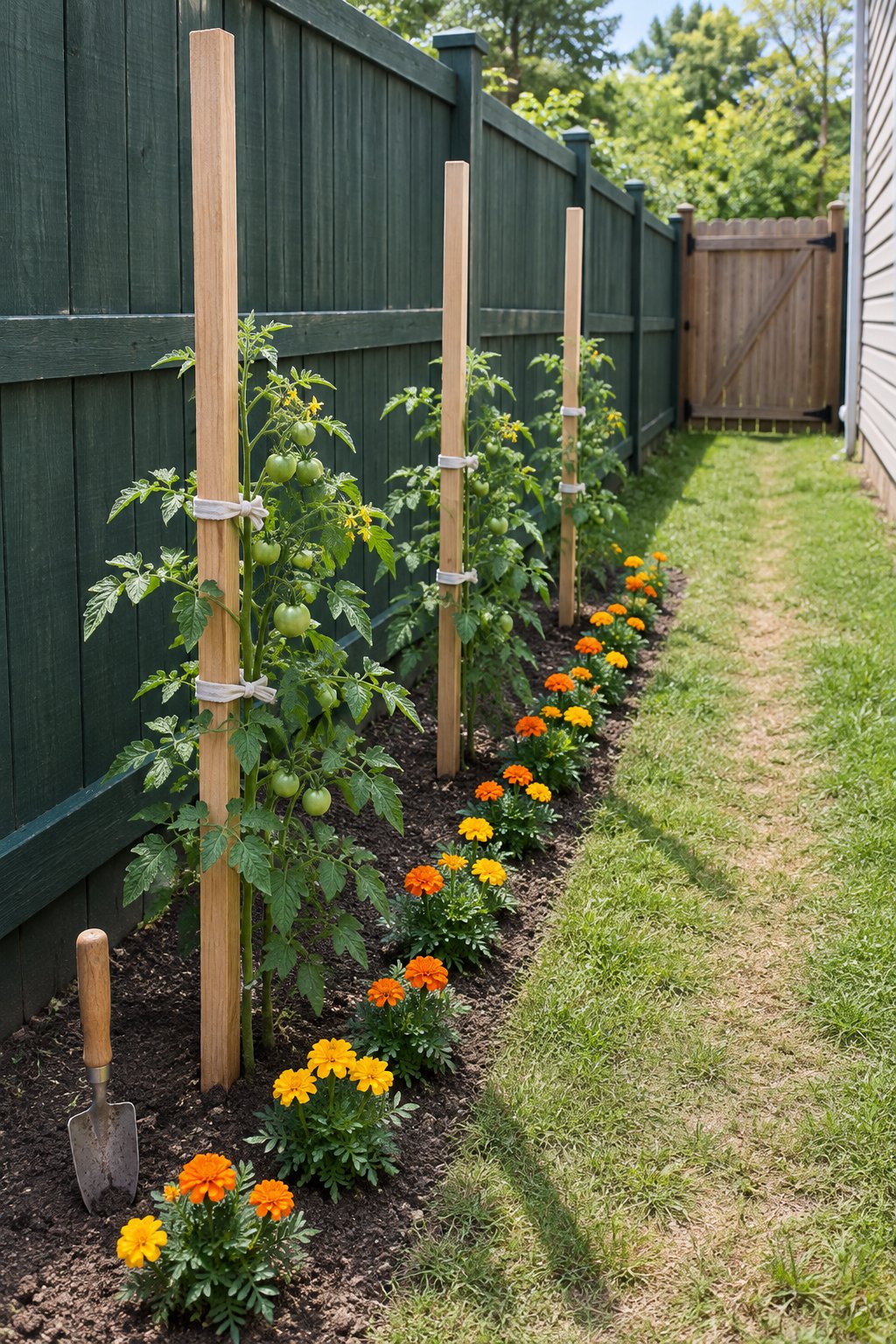 Small backyard vegetable garden in a side yard, three staked tomato plants in a single row along a wooden fence with marigolds along the edge