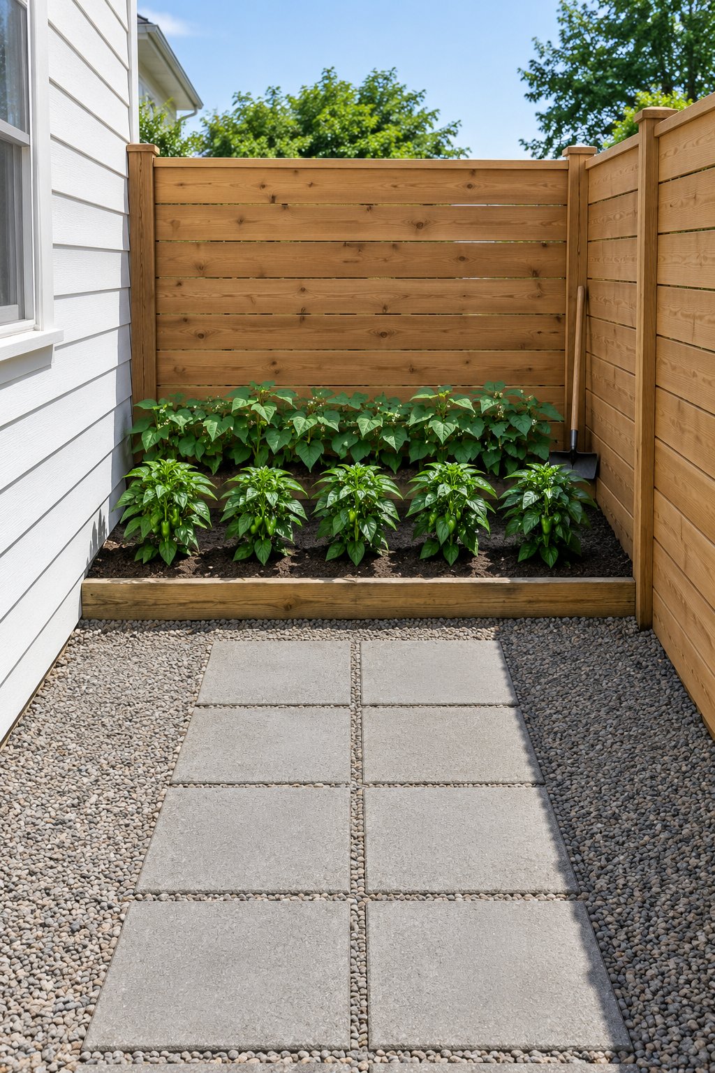 Vegetable garden ideas for a side yard, one bed across the closed end between house wall and fence with a row of bush beans and a row of peppers