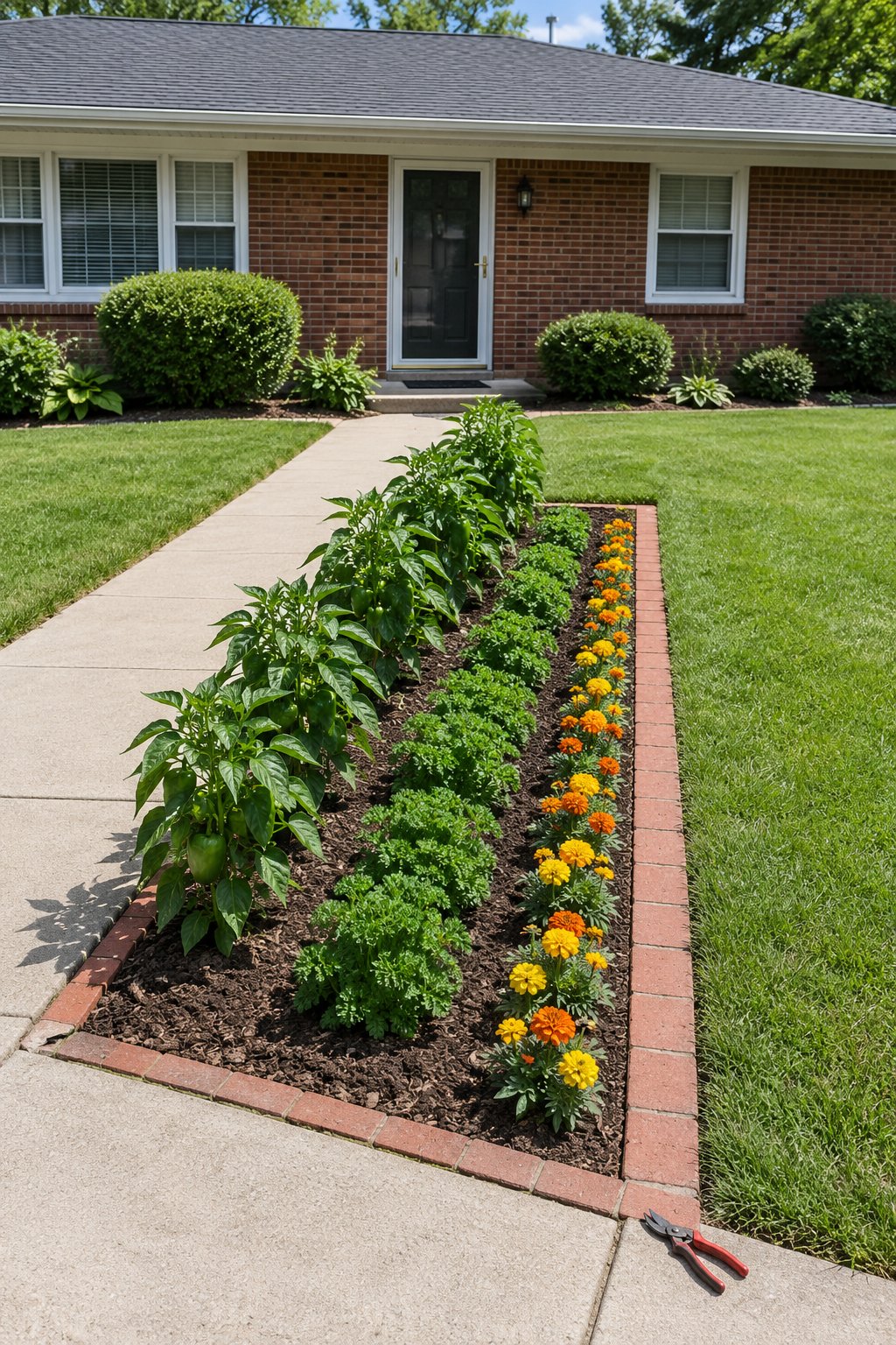 Front yard vegetable garden, a brick-edged bed beside the front walk with a row of peppers, a row of parsley and marigolds along the brick