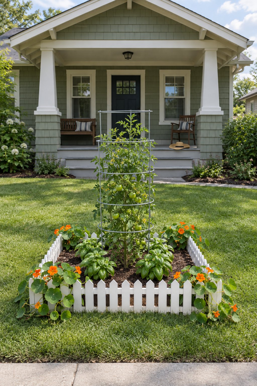 Front yard vegetable garden that looks tidy, a small square bed with a low white picket border, one caged tomato in the center, basil and nasturtiums