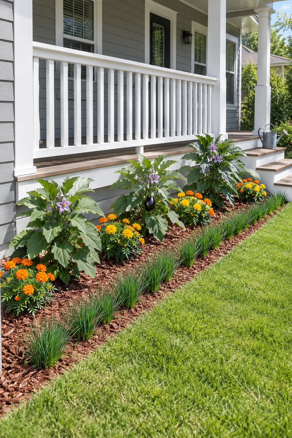 Front yard vegetable garden in a flower border, three eggplants among marigolds with an edge of chives in the bed along a front porch