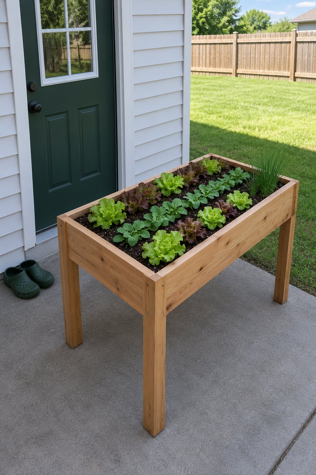 Small vegetable garden ideas for almost no space, a waist-high wooden planter table on four legs by a back door with lettuce, radishes and chives