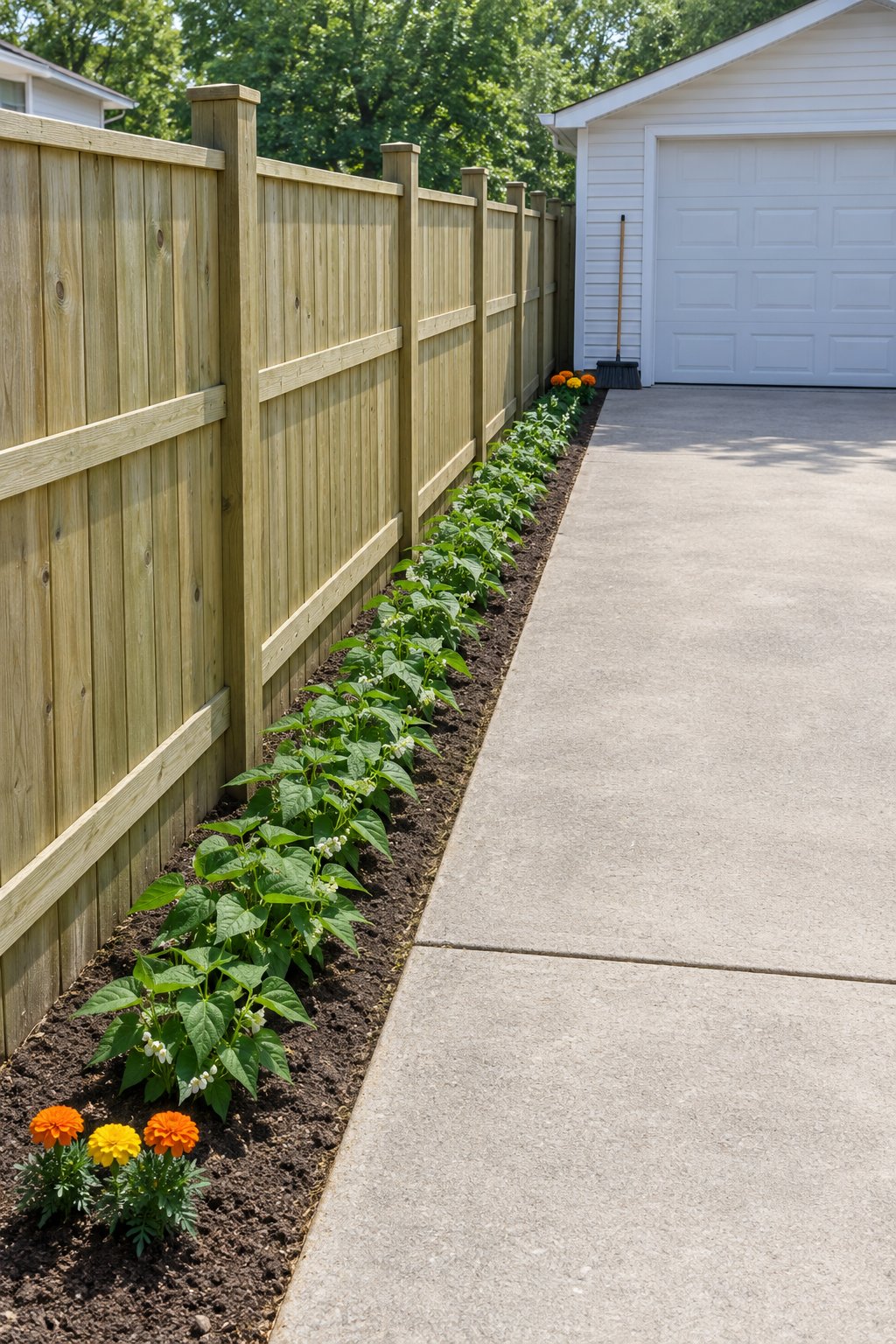 DIY vegetable garden in a narrow strip between a concrete driveway and a fence, a long row of bush beans with marigolds at each end