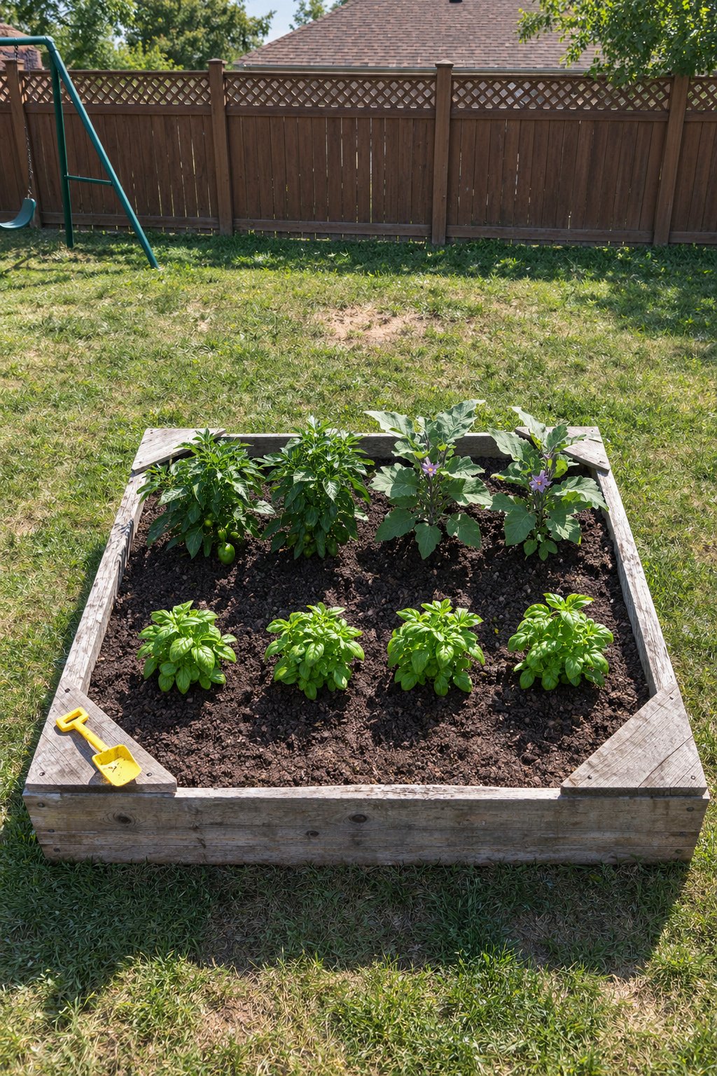 Small backyard vegetable garden made from an old wooden sandbox frame, refilled with soil and planted with peppers, eggplant and basil