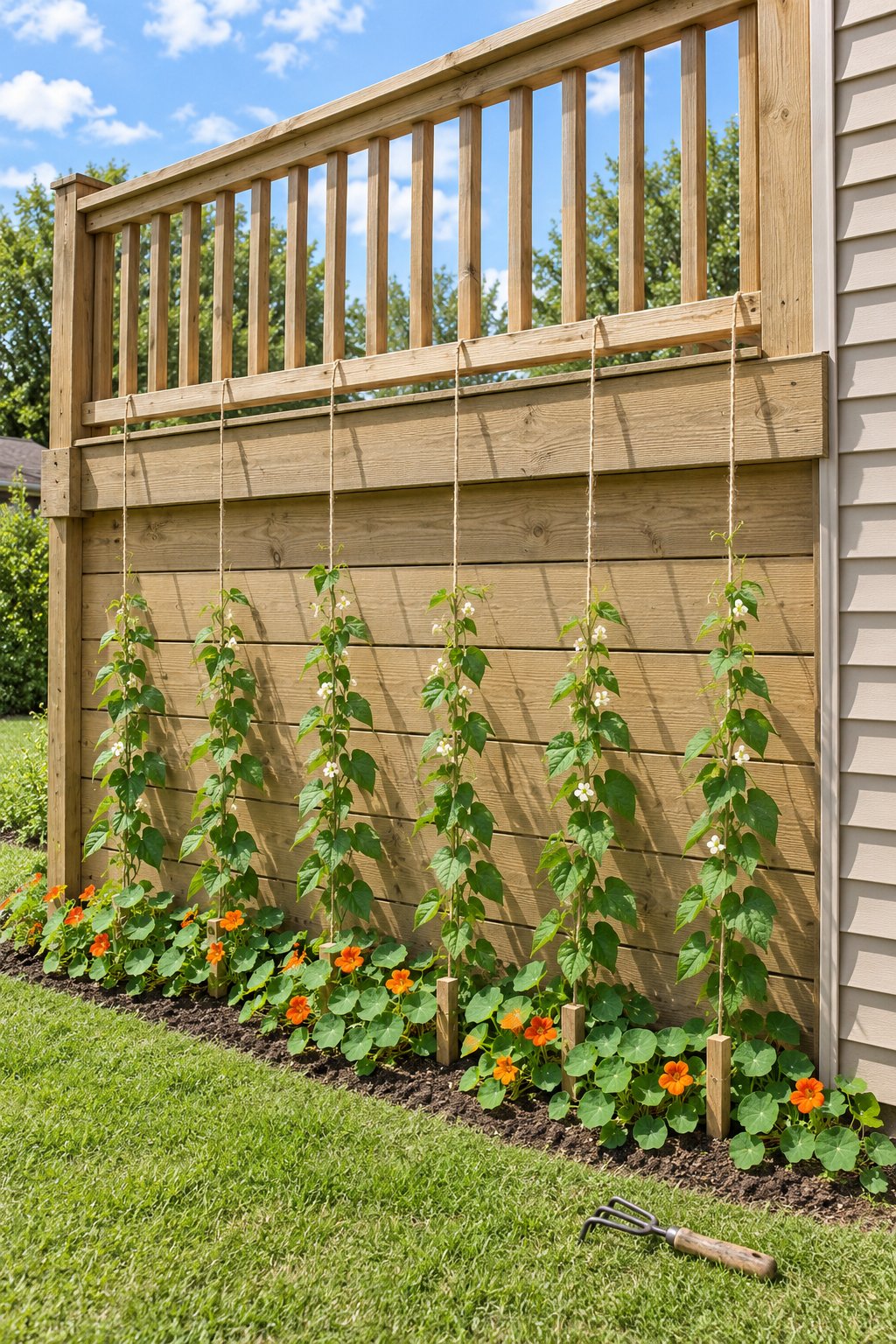 Small vegetable garden ideas, pole beans climbing strings from a narrow bed up to the bottom rail of a raised wooden deck, nasturtiums at the base