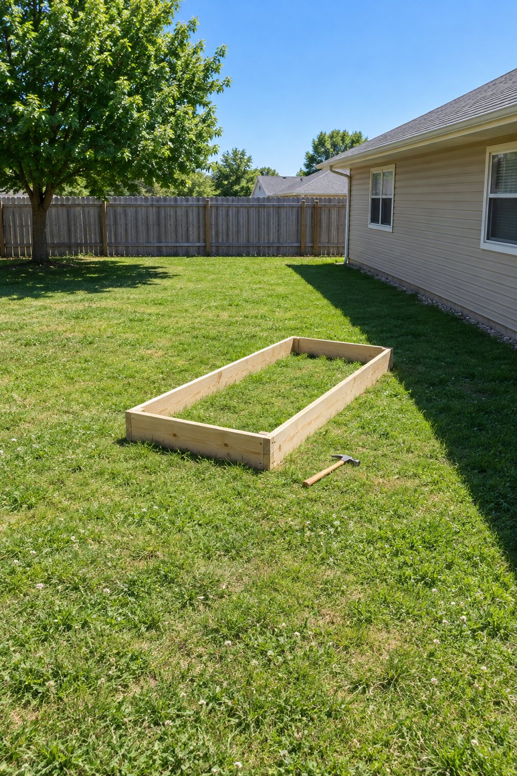 Vegetable garden layout planning, an empty wooden raised bed frame set on the sunlit part of a backyard lawn, clear of the shadows of the house and a tree