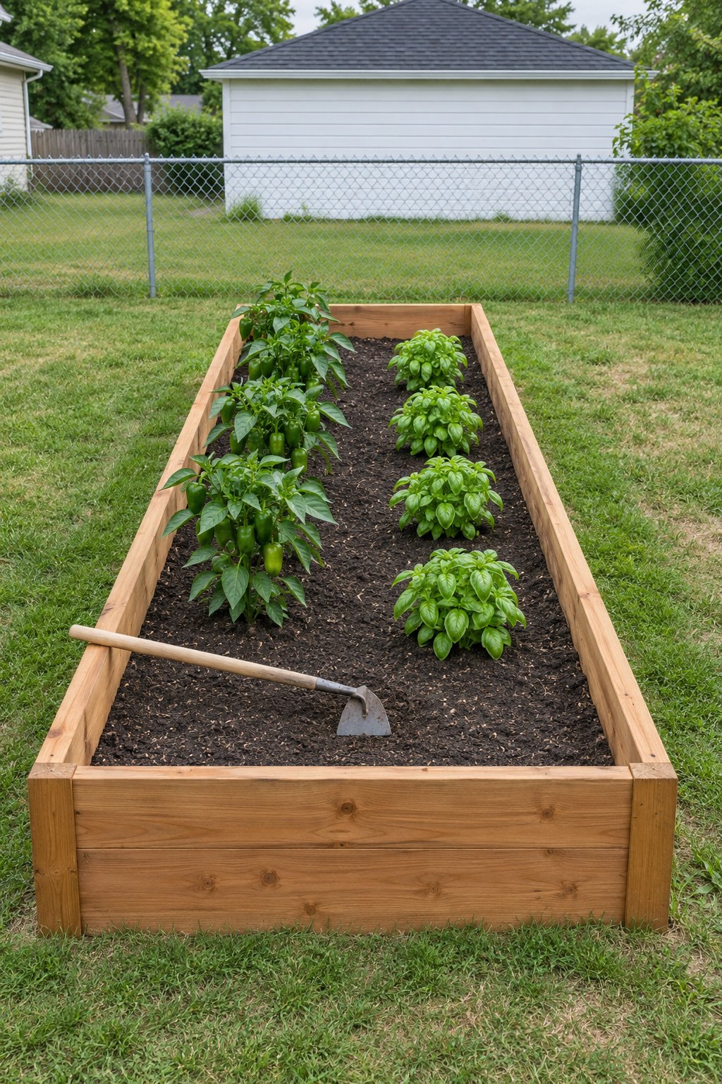 Vegetable garden design showing bed width, one wooden raised bed with a hoe laid across it reaching the middle, peppers and basil in two rows, grass paths on both sides