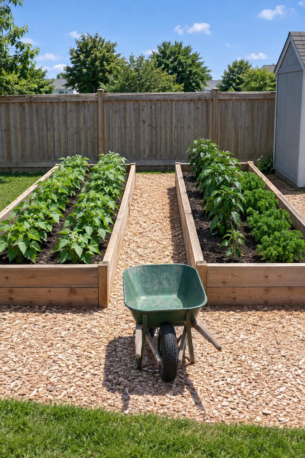 Vegetable garden layout with paths, two raised beds with a narrow mulch path between them and a wider main path with a wheelbarrow standing in it