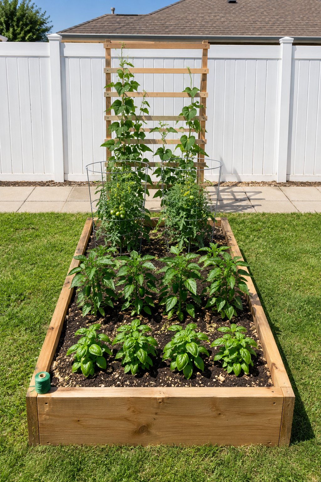 Vegetable garden layout design with a trellis of pole beans at the north end of a raised bed, its shadow falling onto the lawn beyond and not onto the peppers and basil