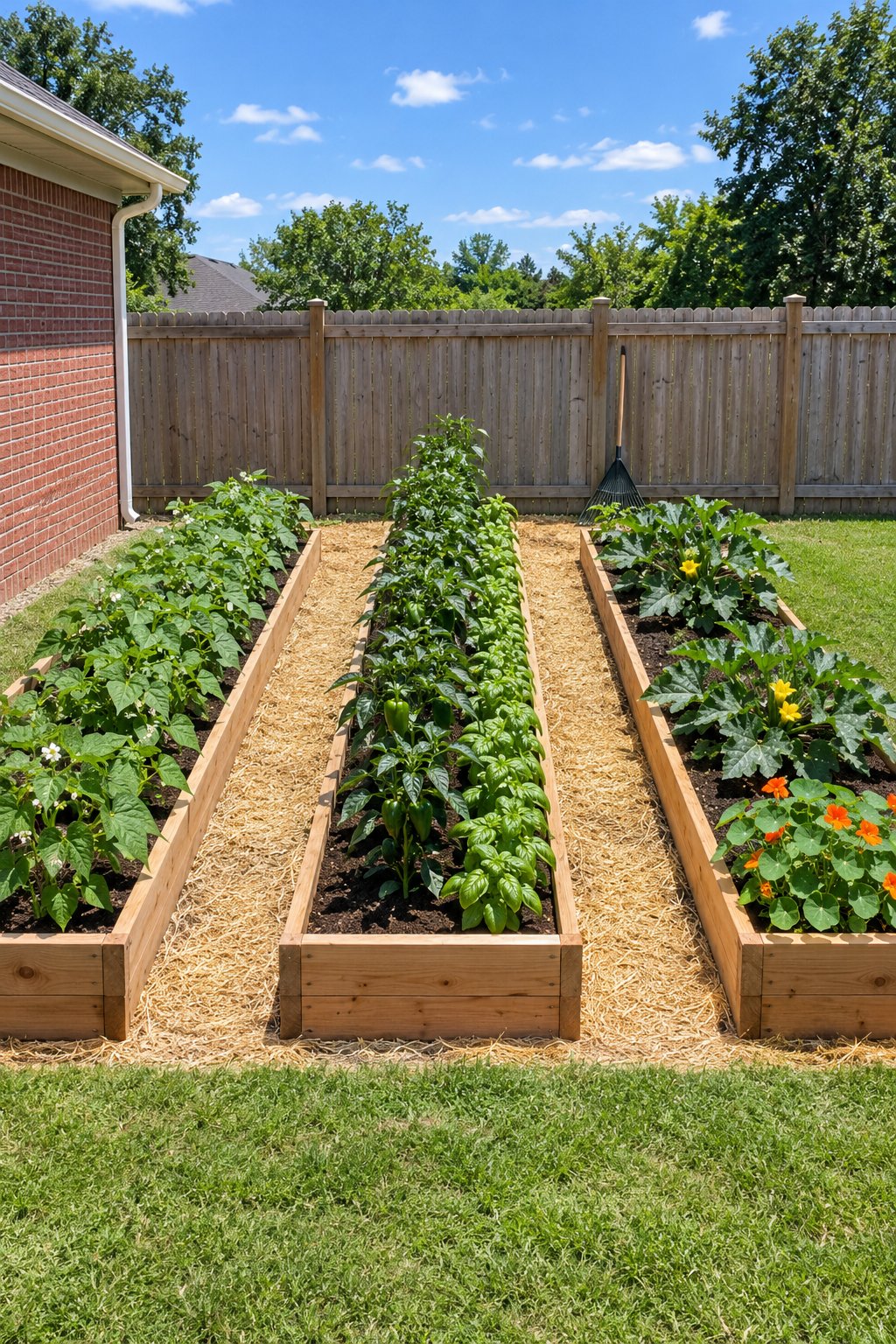 Backyard vegetable garden design, three parallel raised beds running north to south with sun on the long sides of every bed