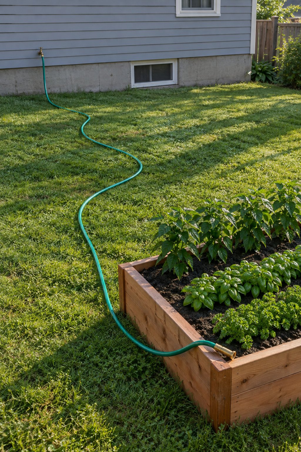 Vegetable garden planning near water, a garden hose running from a wall tap on the house across the lawn to a raised bed of peppers and basil