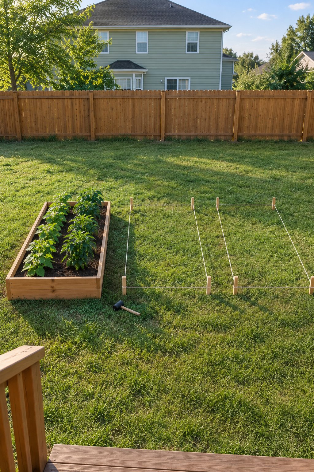 Small vegetable garden design for a first year, one finished raised bed of beans and peppers beside a second bed marked out on the lawn with stakes and string