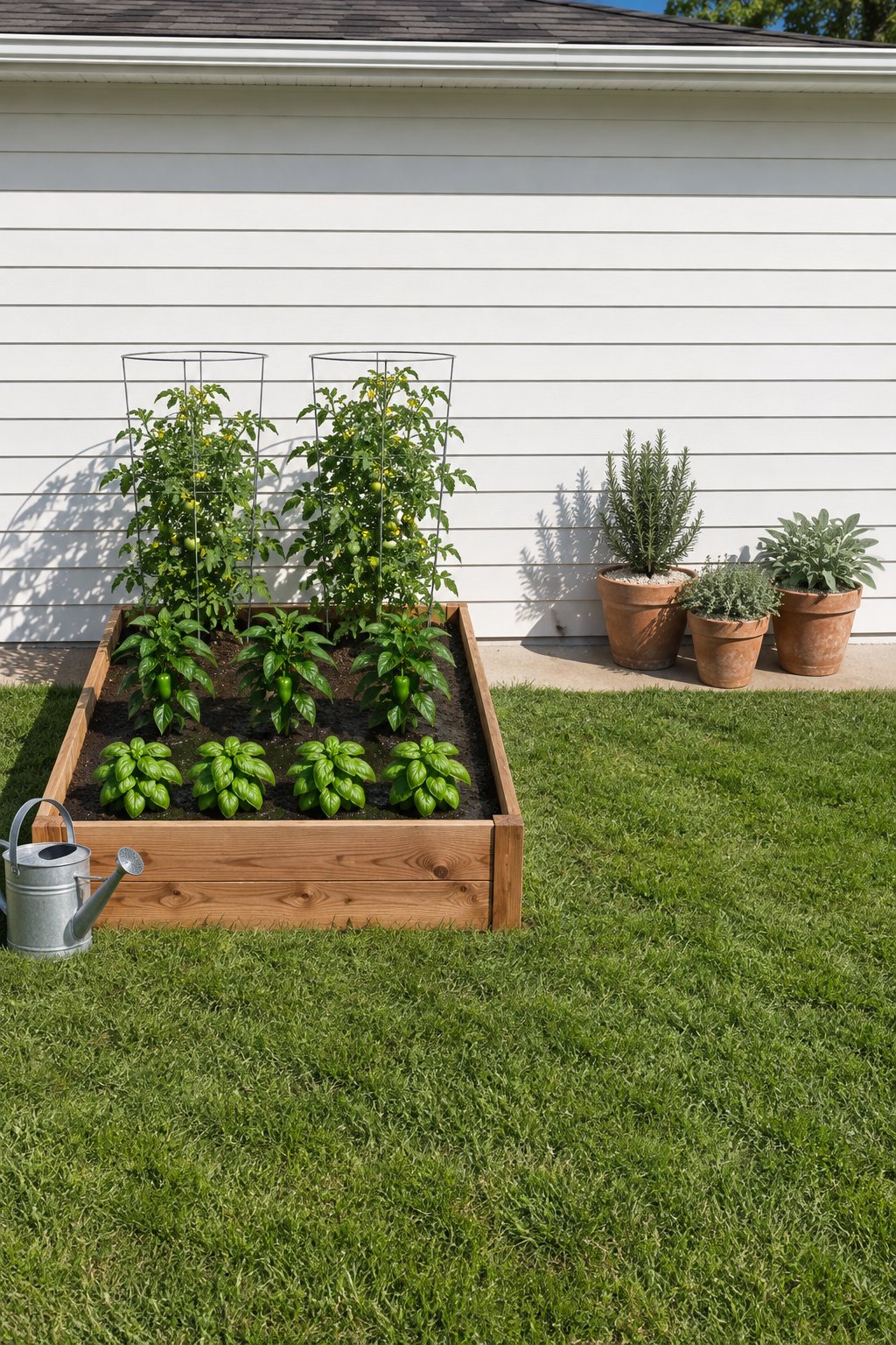 Garden layout ideas for vegetables grouped by water needs, a raised bed of tomatoes, peppers and basil with separate clay pots of rosemary, thyme and sage beside it