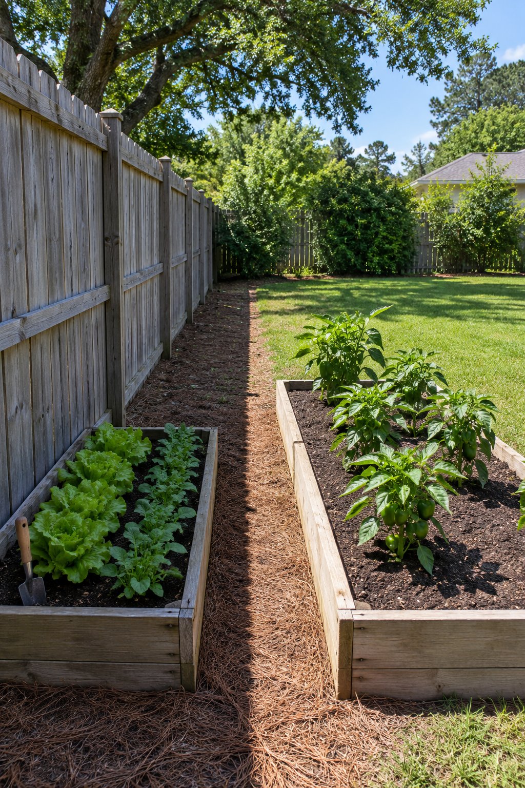 Vegetable garden layout with a part-shade bed, a small raised bed of lettuce and radishes in the afternoon shade of a wooden fence while the next bed stands in full sun