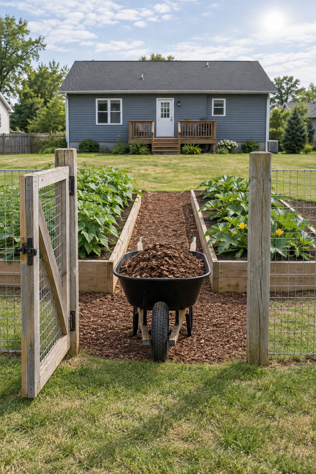Backyard vegetable garden design with a wide entrance, an open gate in a low fence and a broad clear mulch path leading in to the raised beds