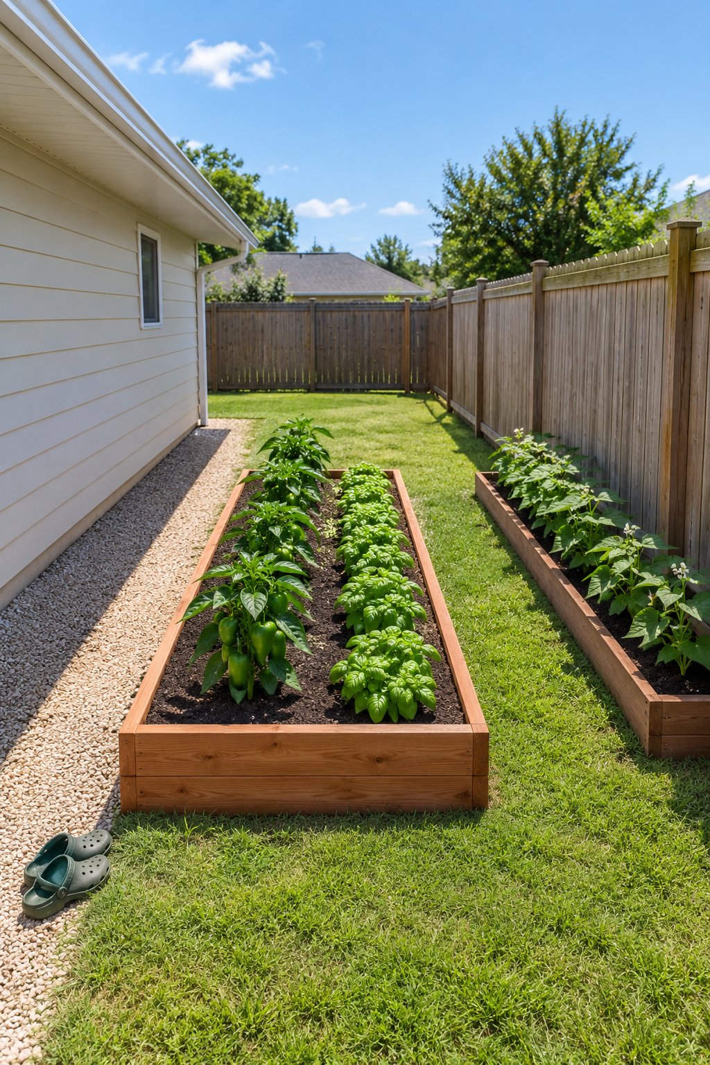 Vegetable garden layout beside a house, a raised bed set out past the roof overhang with a dry gravel strip against the wall, and a narrow bed along the fence