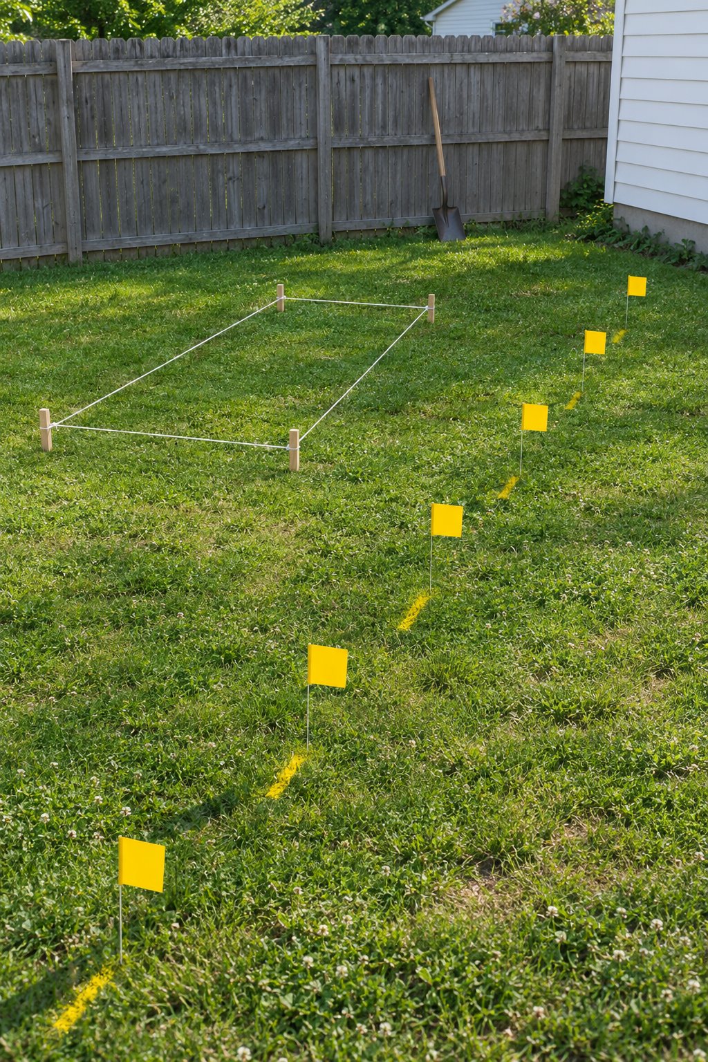 Vegetable garden planning before digging, small utility marker flags and a paint line on a lawn beside a bed marked out with stakes and string, a spade leaning unused